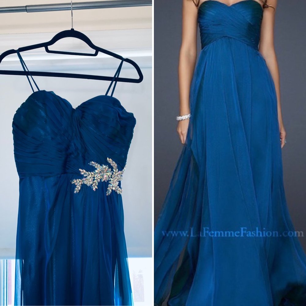 La Femme Chiffon Iridescent Midnight Blue Dress